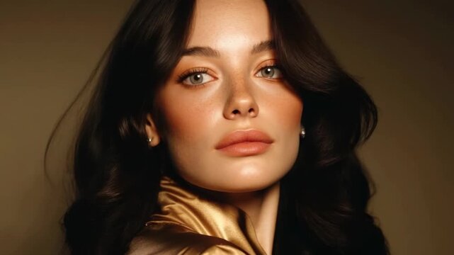 Model showcases beauty with natural makeup in a soft-lit studio setting, highlighting features and elegance in a fashion-inspired shoot