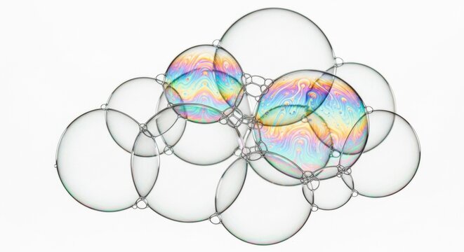 A close-up macro photograph of a cluster of iridescent soap bubbles reflecting rainbow colors against a white background.
