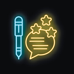 Neon sign of a pen writing a positive review with five stars on a speech bubble