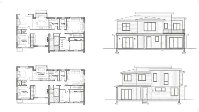 High-quality black blueprint line art of modern two-story house with structural measurements and window elevation details