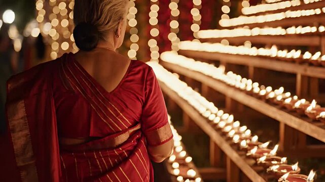 Woman in Red Saree Near Row of Lit Candles in Soft Lighting and Dark Background