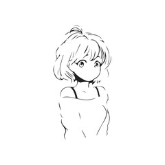 Beautiful Kawaii Girl Black and White Vector Illustration in Cute Simple Line Art Style