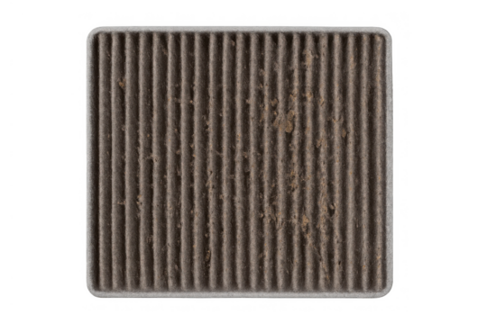 Dirty cabin air filter full of dust, pollen, and debris, representing the need for regular car maintenance and replacement