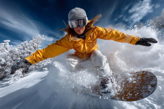 Woman snowboarding backcountry powder on a sunny winter day - Powered by Adobe