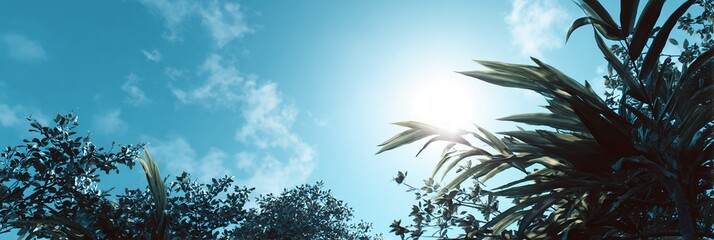 Tropical foliage against bright sunlight and a clear blue sky, ideal for travel themes, summer promotions, nature backgrounds, wellness designs, vacation advertisements, and vibrant outdoor concepts.