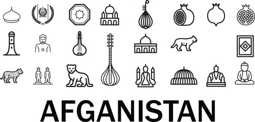Afghanistan line icons set afghan symbols collection vector illustration isolated on transparent background