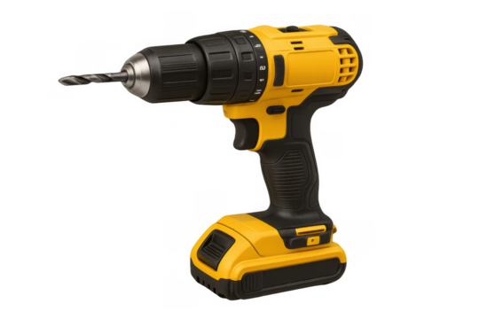 Yellow and black cordless drill featuring a battery, drill bit, and handle. Tool for various handyman and diy projects