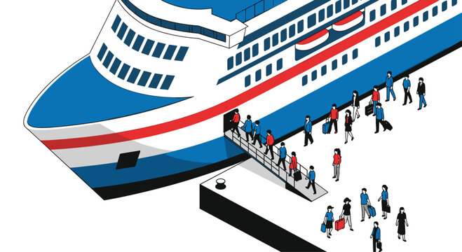 Embark on a journey with travelers boarding a vibrant ferry, suitcases in hand, eager to explore new horizons and create unforgettable memories