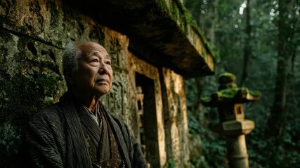 Elderly man reflects near ancient stone structure in a quiet forest during golden hour