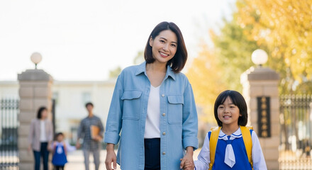 Obraz premium Asian mom walking child to school on sunny day in autumn 
