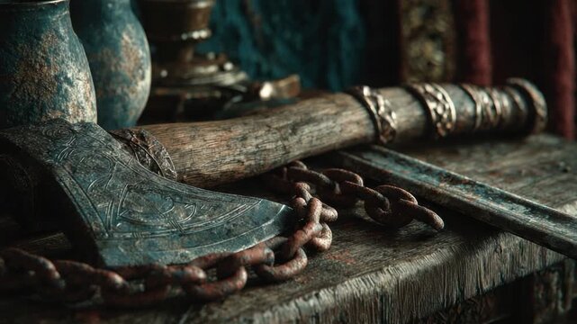 Ancient weaponry displayed with rustic decor in a dimly lit room featuring detailed craftsmanship and historical significance