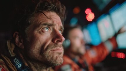 Intense moment aboard a rescue ship during a storm at sea capturing the determination of the crew and their focus on navigation