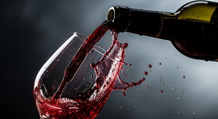 Red wine pouring into a glass with a splash, dark moody background
