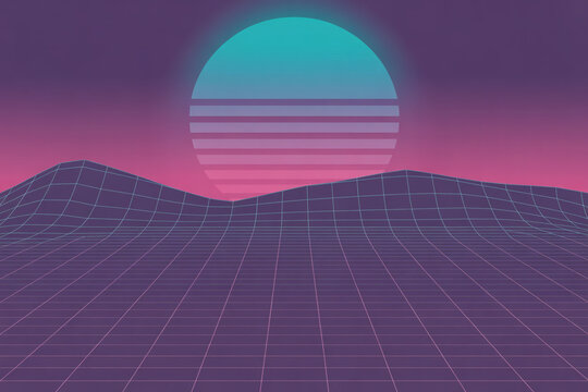 Vibrant retro synthwave landscape art, evoking 80s style with neon grid and sunset, perfect for futuristic projects and nostalgic designs, a creative and dynamic artwork