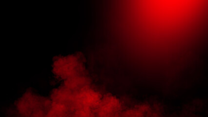 Divine light through a dark smoke and fog. The red rays beam light. Spotlight on isolated black background.