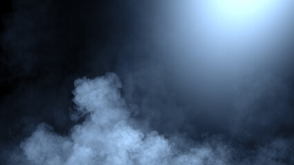 Fototapeta premium Divine light through a dark smoke and fog. The blue rays beam light. Spotlight on isolated black background.