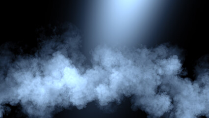 Divine light through a dark smoke and fog. The blue rays beam light. Spotlight on isolated black background.