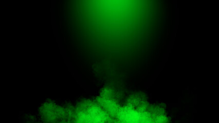 Divine light through a dark smoke and fog. The green rays beam light. Spotlight on isolated black background.
