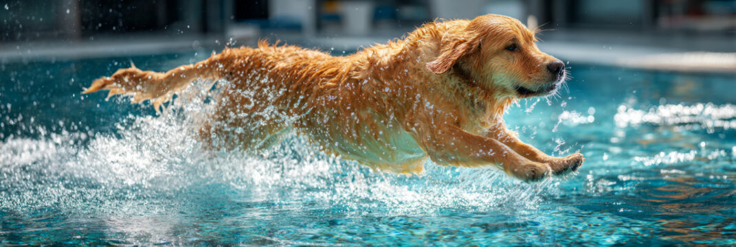 A golden retriever leaps joyfully into a small indoor pool, splashing water as it engages in a fun fitness activity on a bright day. The dog displays excitement and energy