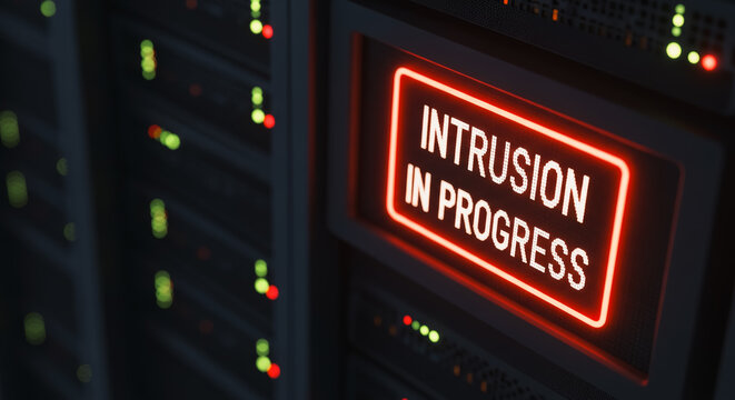 The bold message Intrusion in Progress on a server rack screen, signaling a cybersecurity breach within a digital ecosystem. Evoking a sense of urgency.