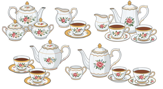 Host a delightful tea party with this elegant floral teapot and cup set, perfect for spring gatherings or vintage-themed designs!