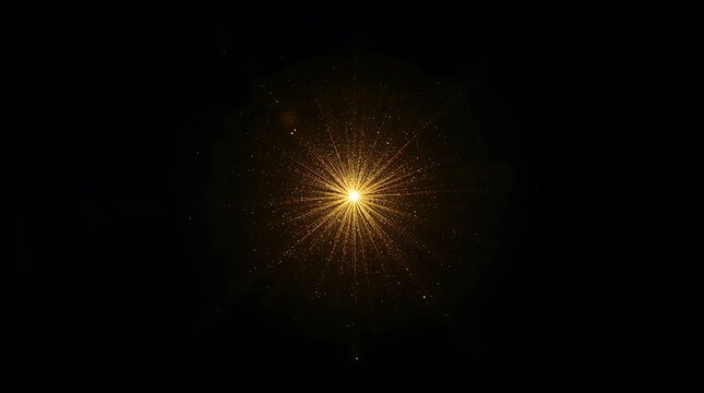 Bright golden starburst with glowing particles on a black background