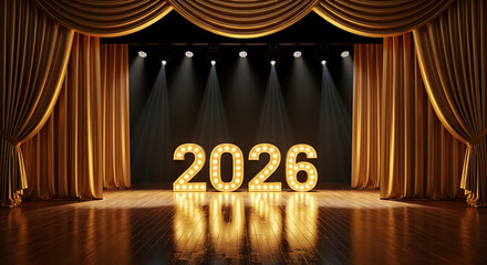 Theatrical New Year concept: Bright 2026 sign on a wooden stage framed by majestic, illuminated golden velvet curtains.