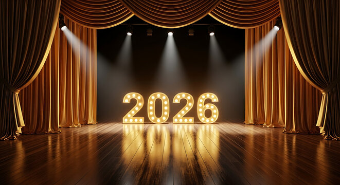 Opulent stage setting with rich golden curtains and a glossy wooden floor reflecting the glowing 2026 marquee. - Powered by Adobe