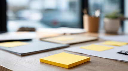 Close-up of yellow sticky notes on wooden desk with blurred supplies and window background in modern workspace
