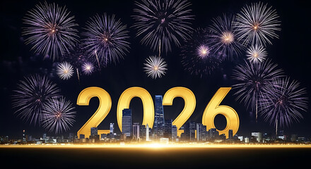 2026, New Year, fireworks, celebration, golden, night, future, cityscape, skyline, happy, event,