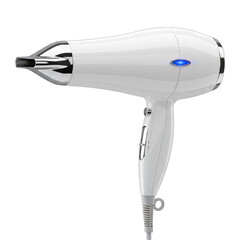 Professional White Hair Dryer with Blue Indicator Light and Silver Accents on a Black Background Isolated Studio Shot