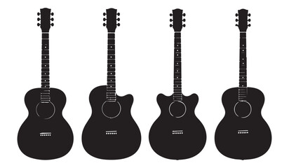 Obraz premium Four silhouetted acoustic guitars standing side by side on a white background