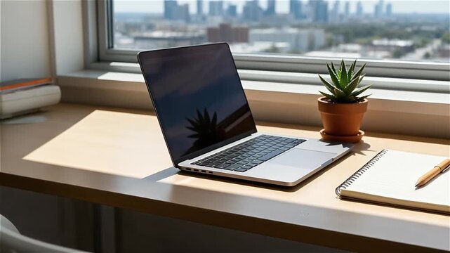 Escritorio de trabajo minimalista en casa con laptop cuaderno bolígrafo y pequeña planta 
