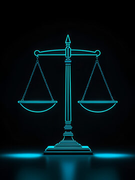 Neon balance scale symbol against dark backdrop, representing fairness and impartiality in law.