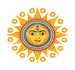 Vibrant sun face illustration with stylized rays and geometric details, radiating warmth and positive energy, ideal for spiritual or summer themed projects