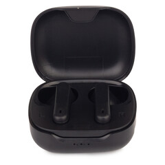 Black Bluetooth phone earphone with charging camera on white background