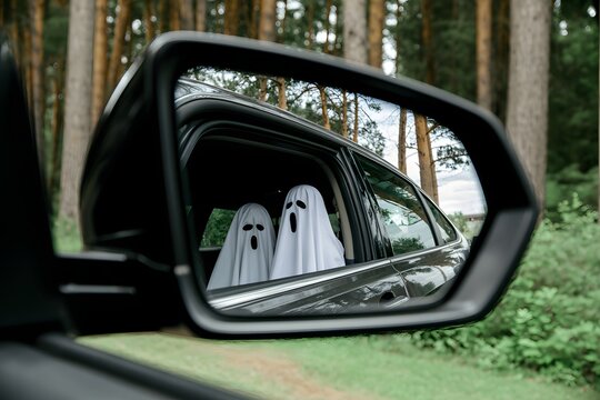 Ghosts in car mirror halloween spooky funny october forest trees scary - Powered by Adobe