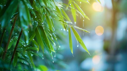 Fresh bamboo leaves covered in raindrops with soft sunlight and gentle bokeh in the background, ideal for meditation visuals, nature backgrounds, relaxation concepts, and peaceful outdoor atmospheres.