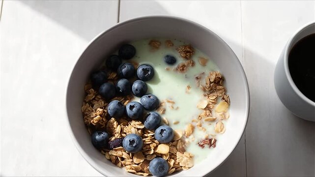 Tazón de granola con arándanos y leche vegetal y una taza de café 