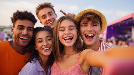 A diverse group of young friends is capturing a fun selfie at a colorful summer festival. Laughter and joy fill the air as they celebrate together, creating lasting memories