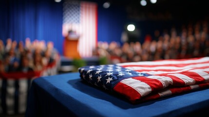 Folded American flag on a podium, symbolizing honor and tribute to veterans for Memorial Day and Veterans Day, copy space