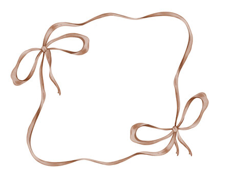 Watercolor elegant hand drawn brick or mute red color frame with wavy curly ribbon and bow in trendy, vintage retro styles. Perfect for wedding, birthday or party invitations or greeting card decor