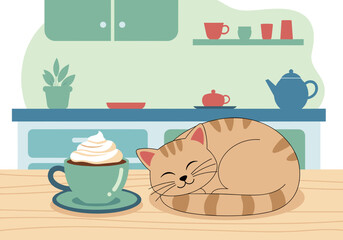 Cozy cup of cocoa near a sleeping cat on a wooden table in a stylish kitchen