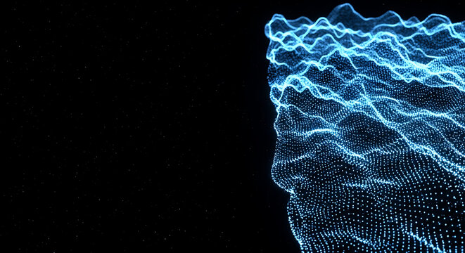 Abstract blue digital waveform against a dark background - Powered by Adobe