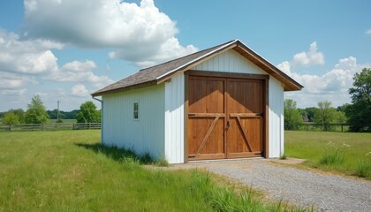 Obraz premium New white wooden garage with brown doors sits in green grassy field under blue sky with white clouds. Gravel driveway leads to structure. Rural landscape with trees and fence.