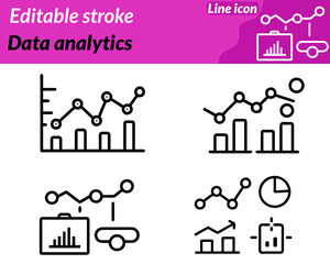 Fototapeta premium A modern data analytics icon character featuring a dashboard-style. layout with bar charts line graphs, and pie charts accompanied by a magnifying glass symbolizing analysis and insight.