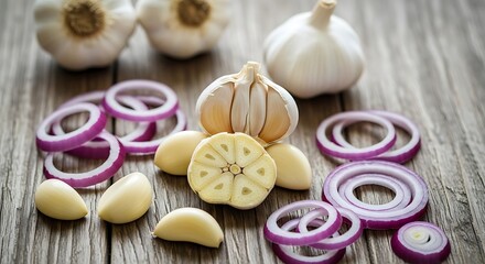 Garlic and Red Onion Slices on Wooden Surface.