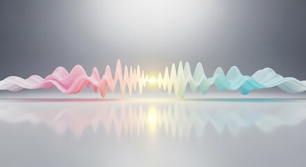 Abstract visualization of a sound wave or data stream with vibrant, flowing colors against a clean, reflective background