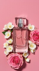 Elegant glass perfume bottle resting amongst lush pink roses and white jasmine blossoms, emphasizing the rich, layered floral fragrance notes within ,jasmine ,lily ,fresh