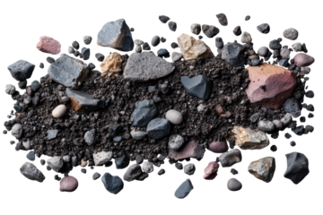 Assorted Rocks And Soil. Geological Composition And Earth Science Study Isolated On Transparent Background